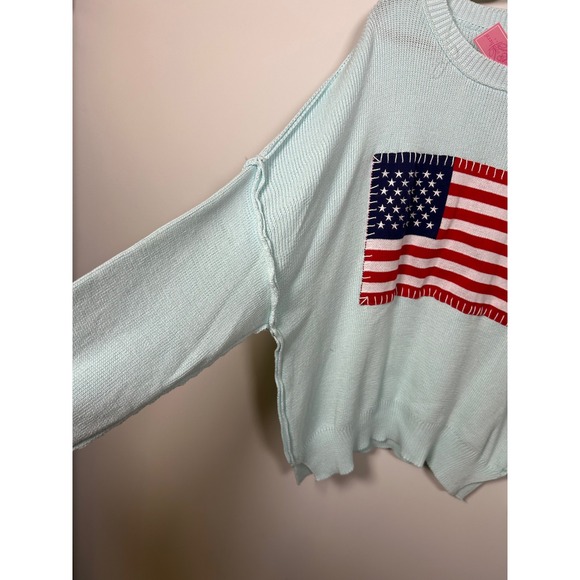 Simply Southern Sweaters - Simply Southern Womens American Flag Patch Knit Sweater Cotton XXL Light Blue